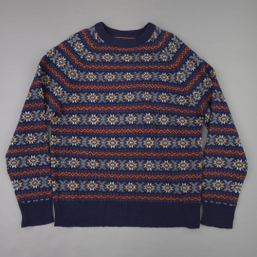 J.Crew Sweater Mens Medium Blue Fair Isle 100% Lambswool Crewneck Knit Pullover
